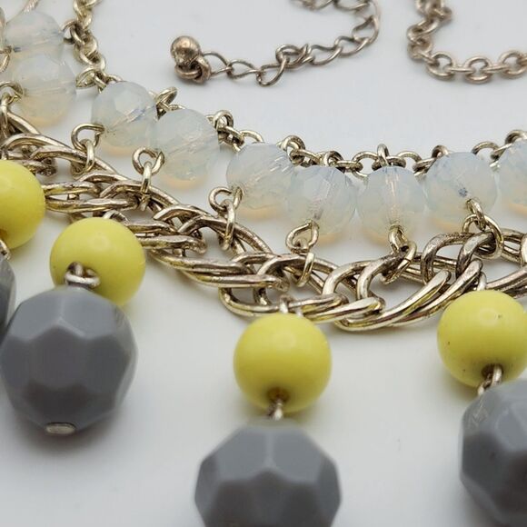 Y2K Statement Bib Layered Necklace Gray Yellow Opalescent Bead Maximalist Retro - Picture 5 of 8